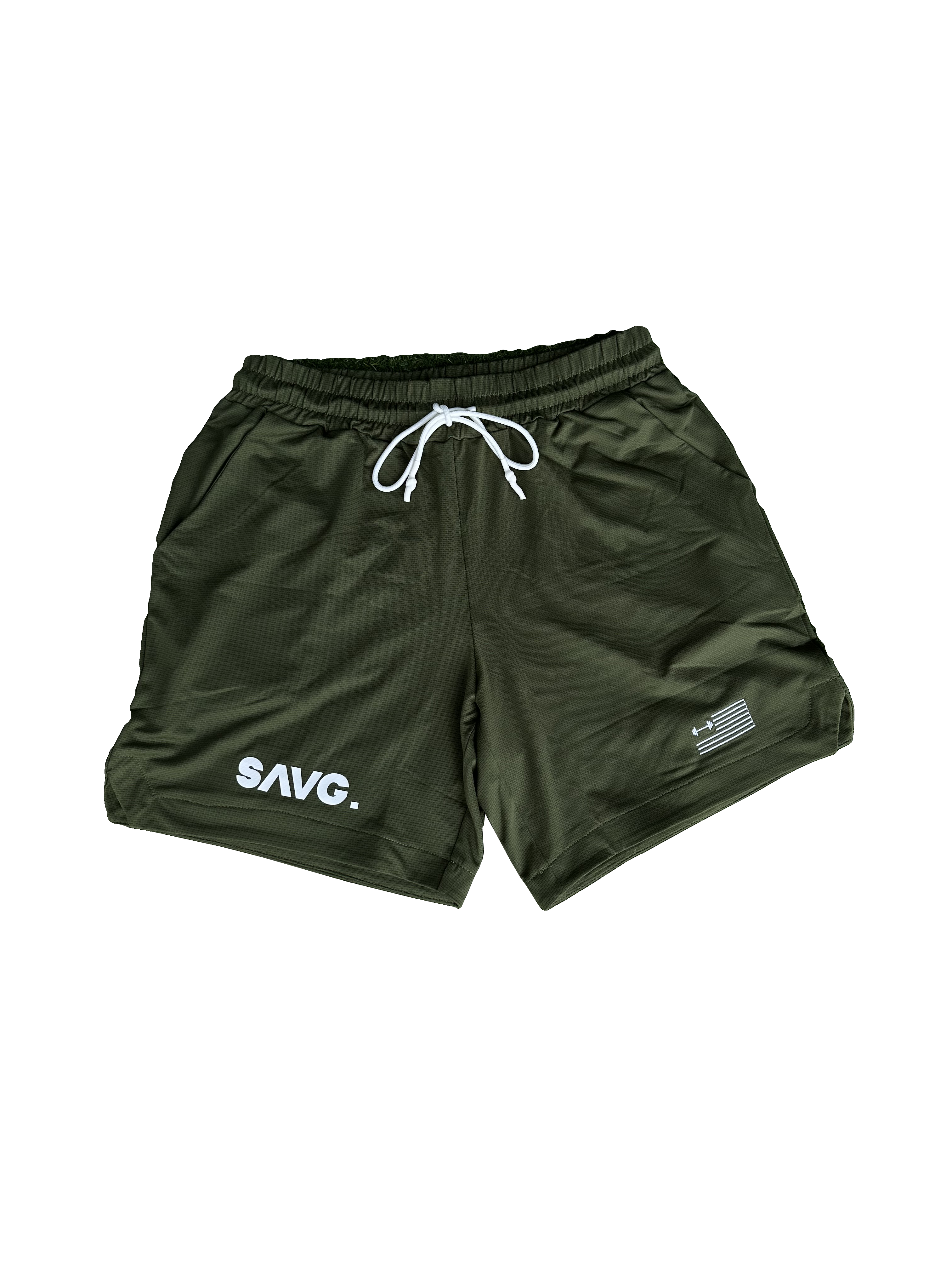 Army Green Crusher Shorts. White Drawstrings. American Flag