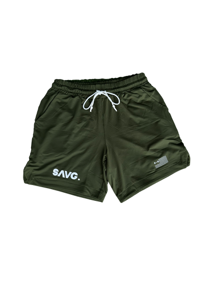 Army Green Crusher Shorts. White Drawstrings. American Flag